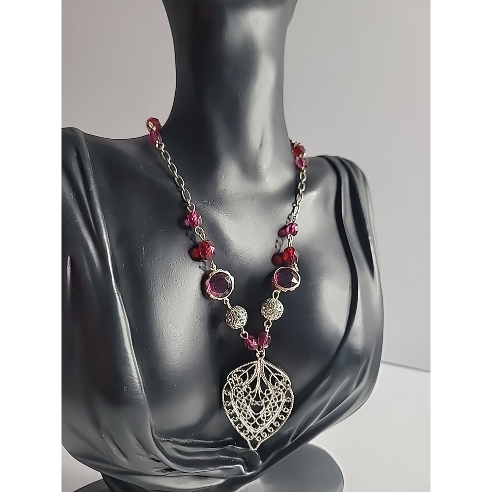 Boho Red Beaded Filigree Leaf Pendant Necklace Silver Tone Vintage Style Stateme